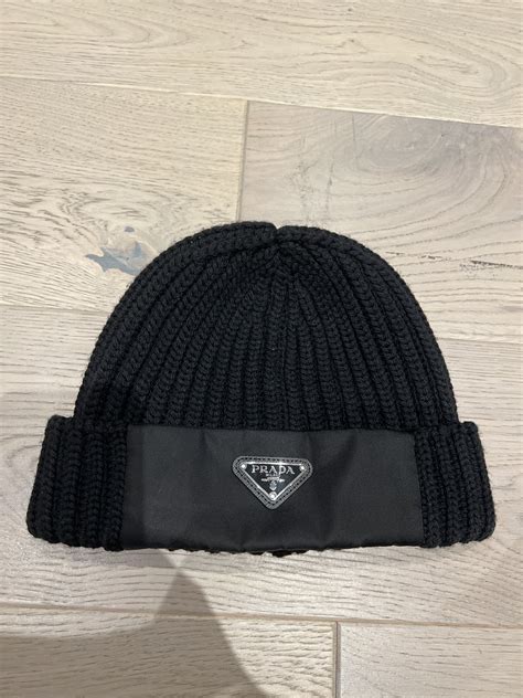 prada ribbed logo beanie|Prada hats.